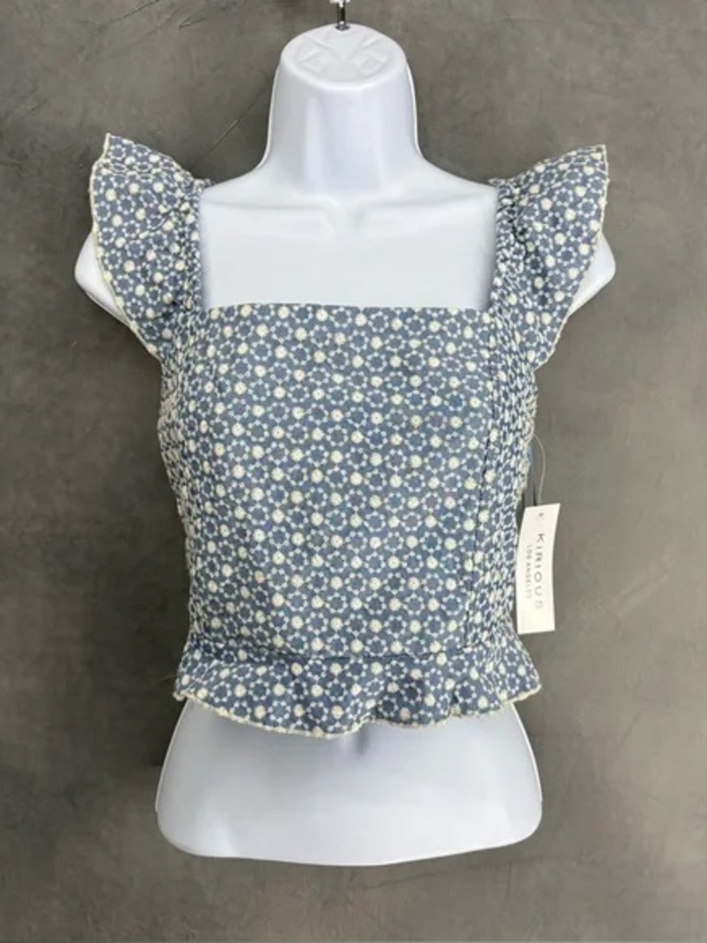 Kirious Eyelet Ruffle Sleeveless Tie Back Blouse Top Blue Boho Medium New
